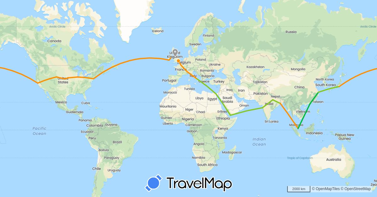TravelMap itinerary: driving, bus, plane, hitchhiking, electric vehicle in China, Egypt, France, United Kingdom, Ireland, India, Italy, Japan, Singapore, United States, Yemen (Africa, Asia, Europe, North America)